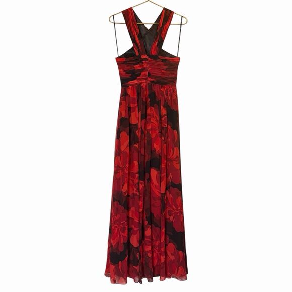 Calvin Klein Floral Halter Maxi Dress Chiffon Classic Size 4 Red Black Formal 🌺 - Picture 2 of 15